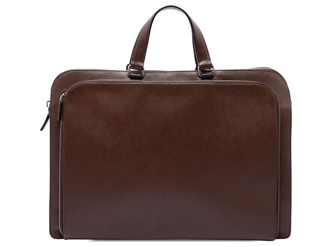 Borsa business Prada Saffiano Cuir marrone con tasca frontale con zip