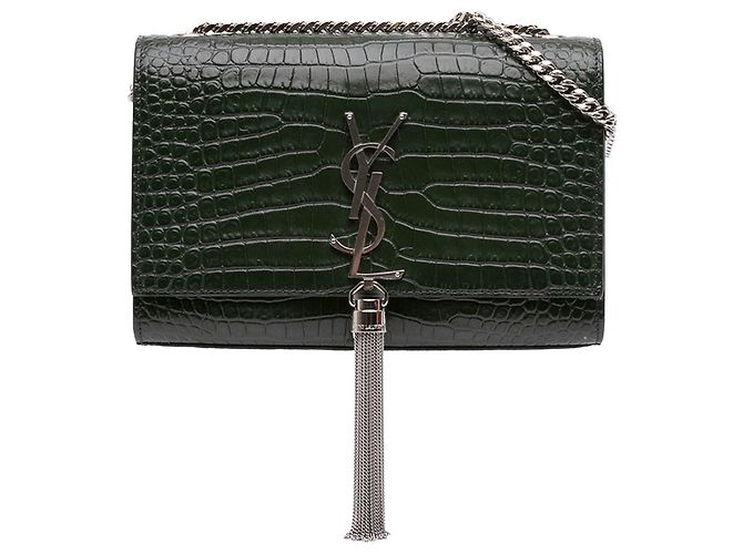 Borsa a tracolla Kate con nappina in pelle embossed croc Medium verde Saint Laurent