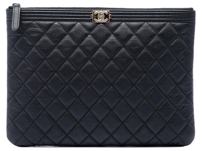 Clutch Chanel Boy O Case Medium Quilted Caviar Nera Nero