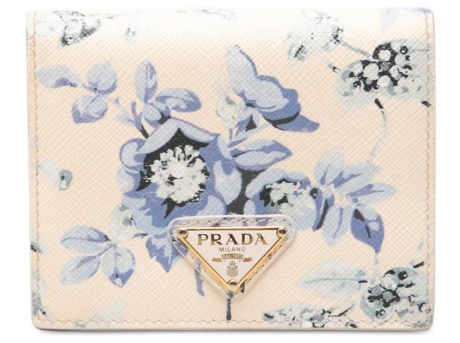 Saffiano Prada Triangle Logo Plate Flower Print Bi-fold Wallet Pink Blue