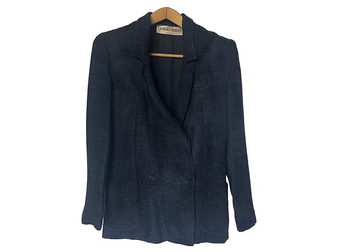 Giorgio Armani Textured Wool Double-Breasted Jacket Black Dark blue