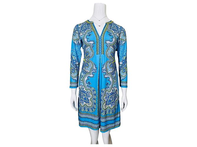 Hale Bob Kleid Blau Paisley-Print mit Perlen Weiß Golden Grün
