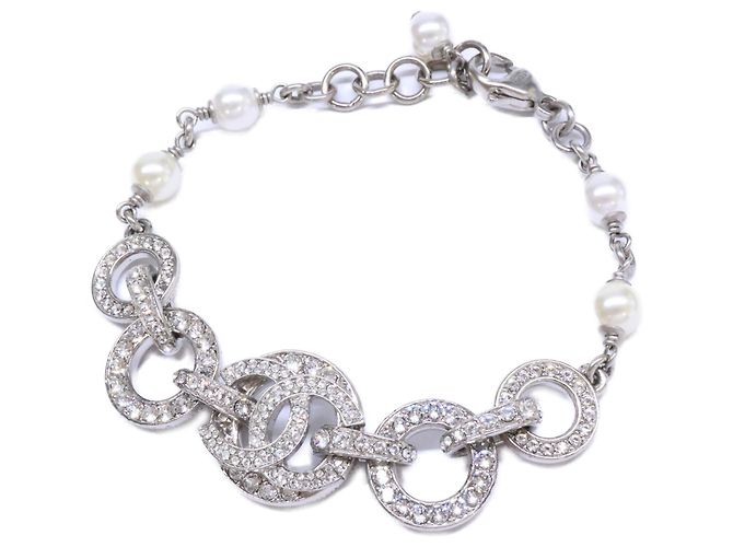 Pulseira de corrente Chanel com logo Coco e strass Prata