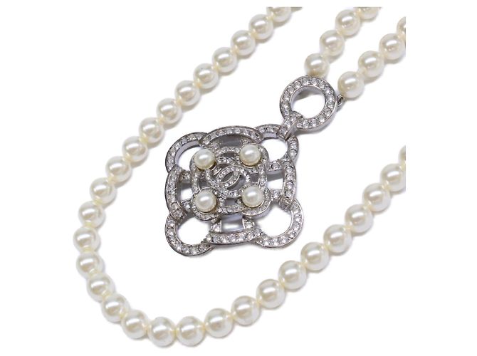 Collier Chanel B16B strass Coco Mark Camélia double perles Argenté