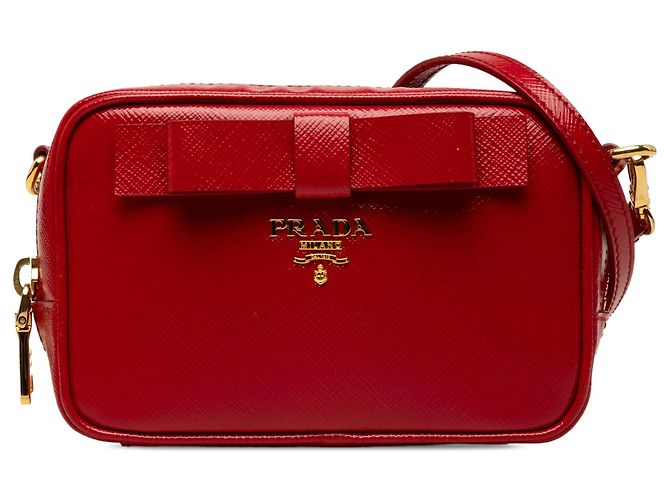 Bolsa Camera Prada Red Saffiano Vernice com Laço Vermelho