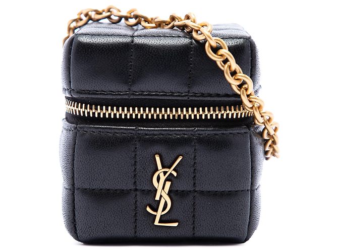 Saint Laurent Mini Borsa Cube Cassandre On Chain in pelle di agnello nera Nero