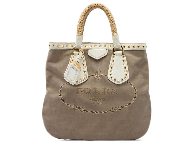 Borsa Prada in tela Canapa marrone con borchie, manici in corda e logo Marrone chiaro