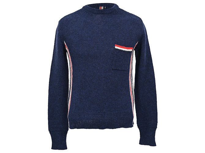 Thom Browne Stripe Sweatshirt in Navy Blue Wool