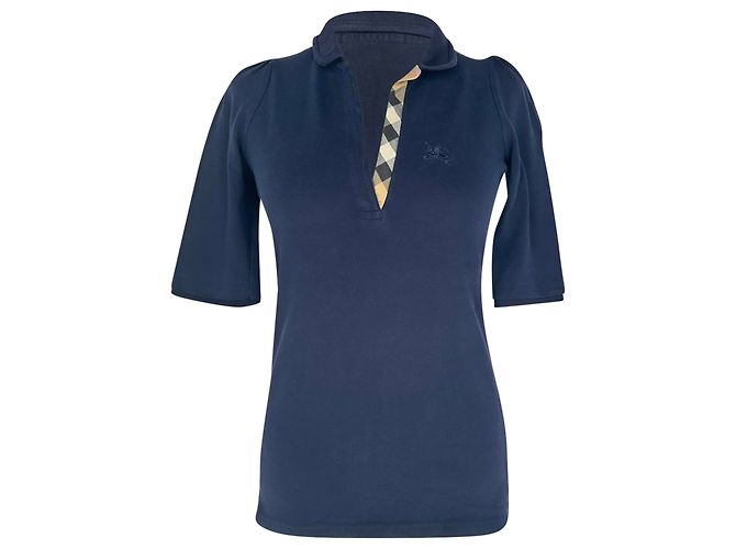 Polo Burberry Brit con scollo a V in cotone blu navy