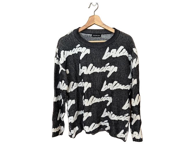 Balenciaga Wollpullover mit handgeschriebenem Logo Schwarz Weiß