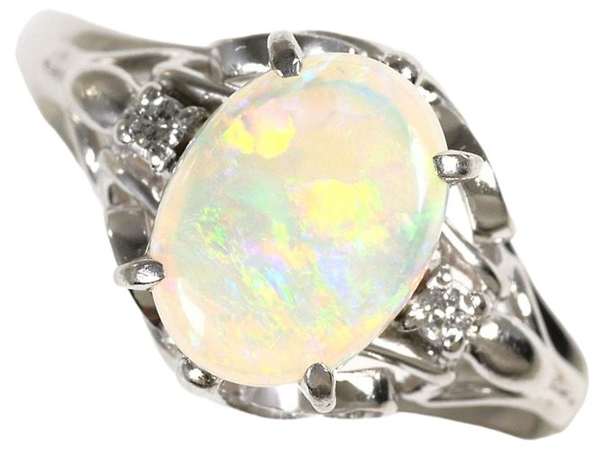 Autre Marque Platin-Bandring mit Diamant und Opal