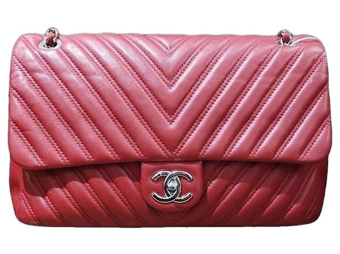 Chanel Chevron Bolsa de Aba em Couro Vermelho