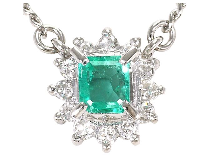Autre Marque Platin-Halskette mit Diamant und Smaragd