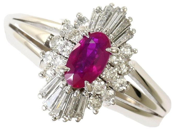Autre Marque Platinum Band Ring with Ruby and Diamond
