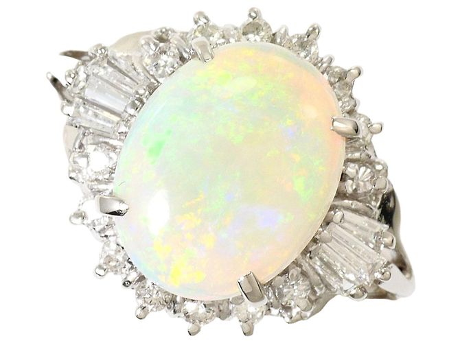 Autre Marque Platin-Bandring mit Opal und Diamant