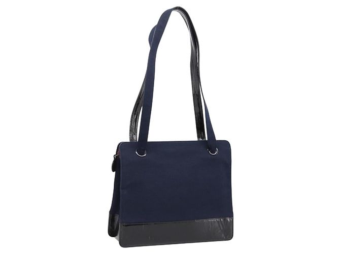 Bolsa de Ombro CHANEL Canvas Navy Silver CC Auth bs36818 Prata Azul marinho