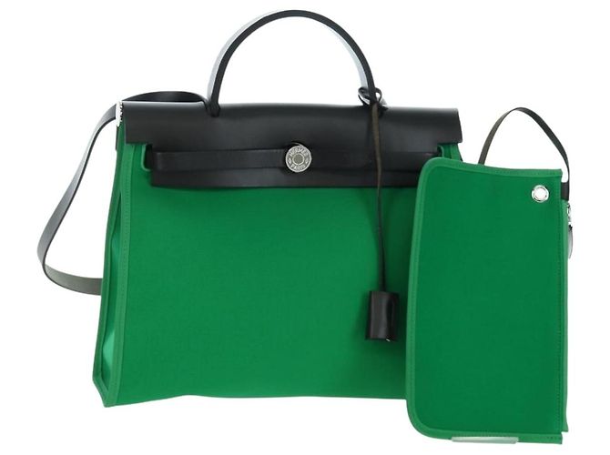 Hermès Sac à main HERMES Air Zip PM Canvas 2way Vert Argent Auth 199157SM Argenté