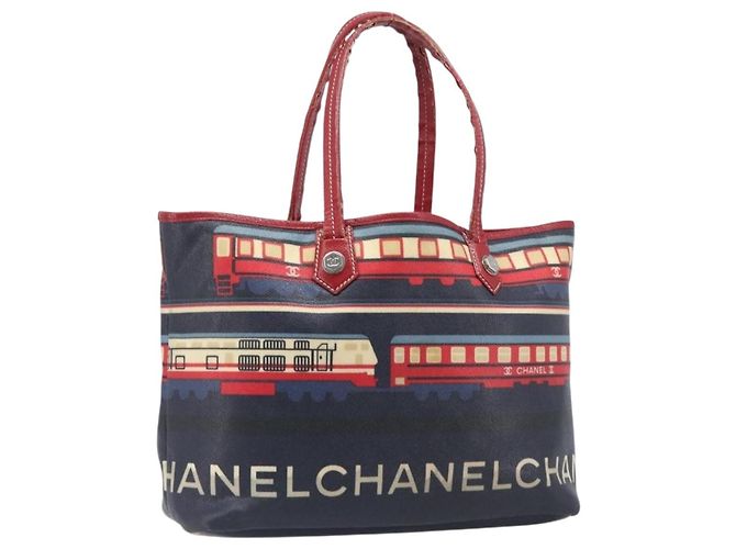 Saco Tote CHANEL Central Station PVC Canvas Navy Silver CC Auth 201987 Prata Azul marinho