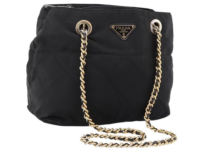 Bolsa de Ombro com Corrente PRADA Nylon Preto Tom Dourado Auth 202186A