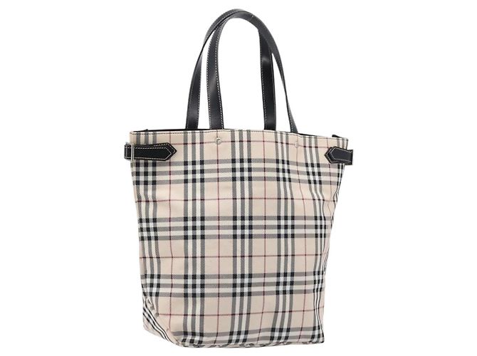 Saco Tote BURBERRY Nova Check Blue Label em lona bege e prata Auth hk4052A