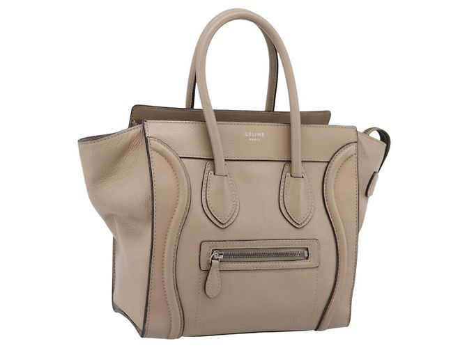 Céline CELINE Luggage Micro Shopper Hand Bag Leather Beige Silver Auth 200973V Prata Bege