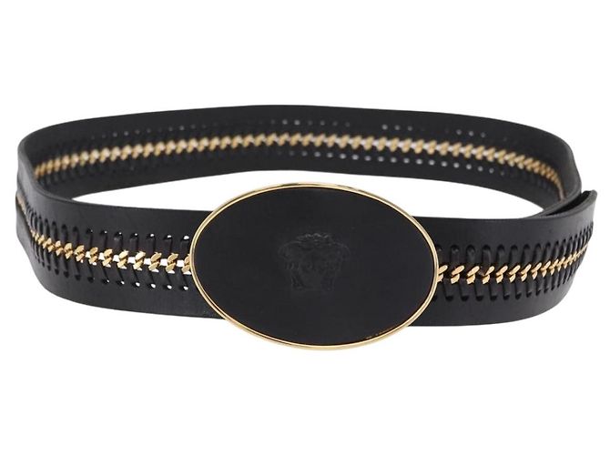 Cinturón VERSACE de cuero 43.3'' Negro Oro Auth hk4097 Dorado