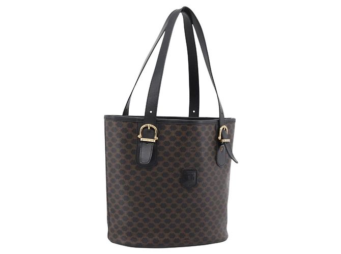 16 Céline Sac cabas CELINE Macadam Canvas PVC Leather Black Gold Auth 201999A Noir Doré