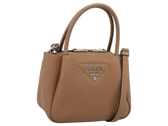 Bolsa de mão PRADA em couro 2way Bege Silver Auth ka5958SAM Prata