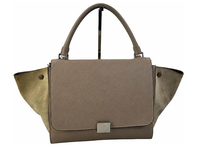 Céline Celine Trapeze Bolsa em Couro e Camurça Bege