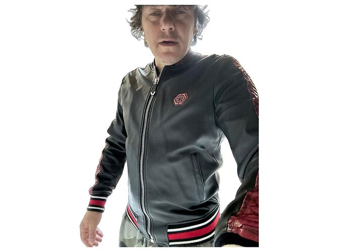 Philipp Plein Leather and Python Bomber Jacket Black Red
