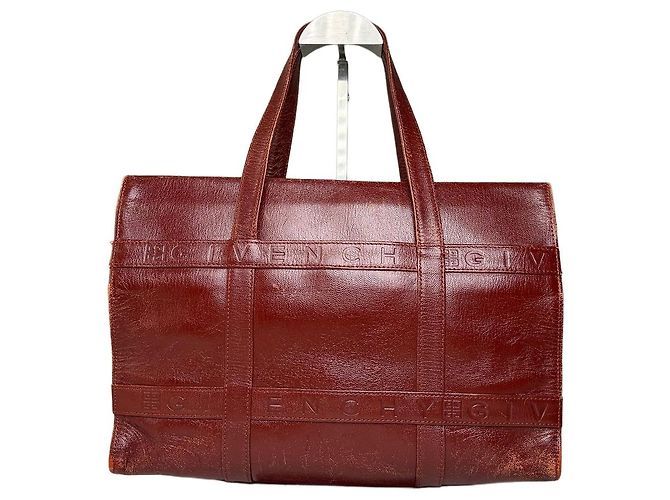Vintage Givenchy Embossed Leather Structured Bag Burgundy Gold Dark red