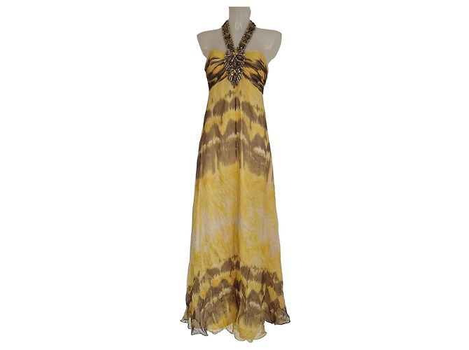 Autre Marque Vestido maxi de seda Jovani com gola halter e adornos Marrom Branco Amarelo