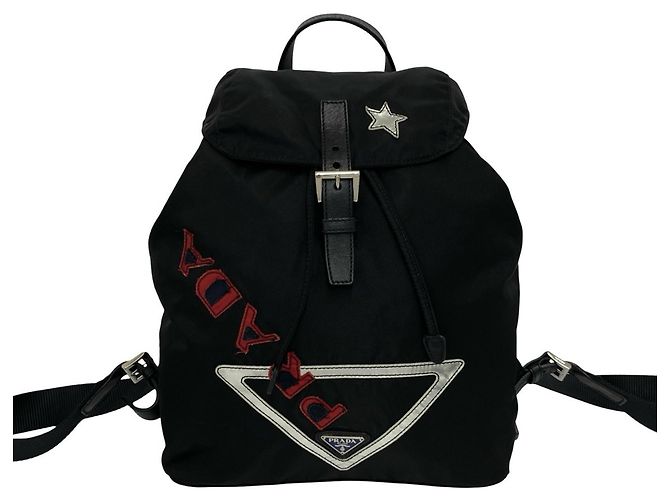 Prada Triangle Logo Hardware Nylon Leather Backpack Black