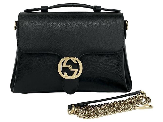 Bolsa de ombro em couro com ferragens Interlocking G GUCCI Preto