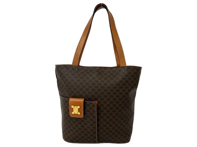 Céline CELINE Vintage Macadam Pattern Triomphe Logo Hardware Tote Bag Brown