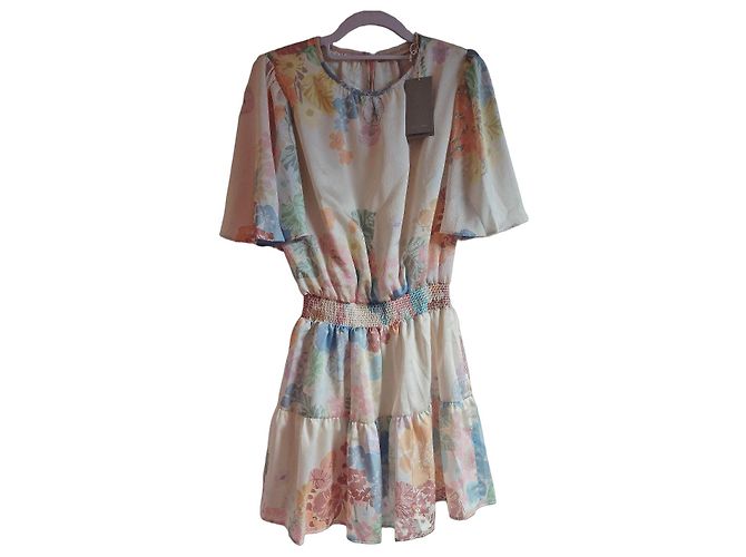 Vanessa Bruno kurzes Blumenprint-Kleid Pink Blau Mehrfarben Beige Grün Orange Gelb