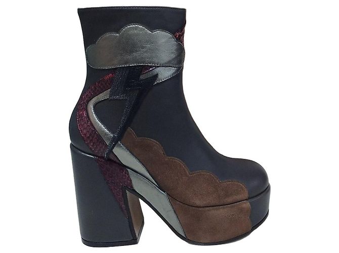 Coach Platform Block Heel Ankle Boots Brown Black Metallic
