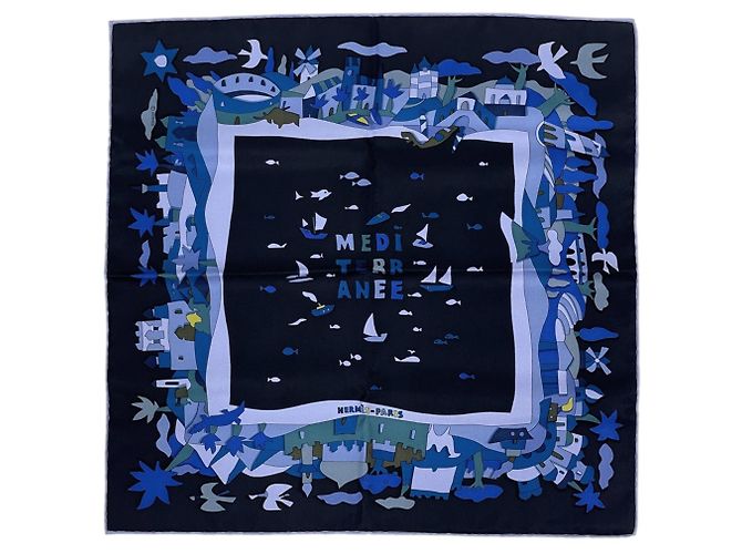 Hermès Lenço Hermes Petit Carré MEDITERRANEE Preto Azul
