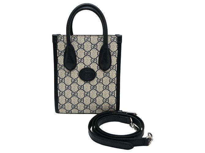 Mala Mini Tote Gucci Interlocking G Bege Azul marinho