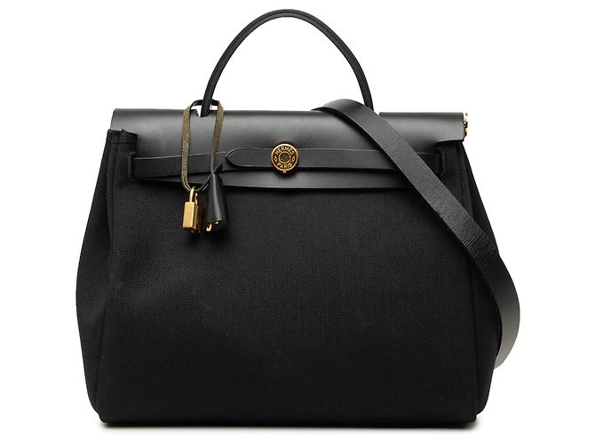 Hermès Herbag Zip 31 in Toile Military Nera e Vache Hunter Nero