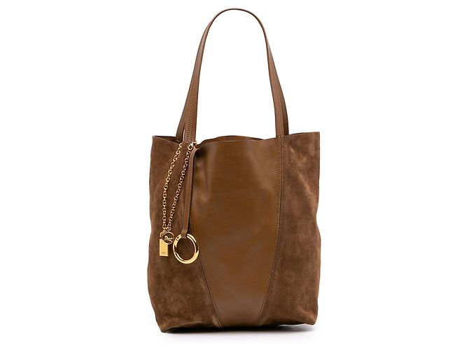 mala Spin Tote Chloé em camurça castanha e couro de búfalo grão Marrom Caqui