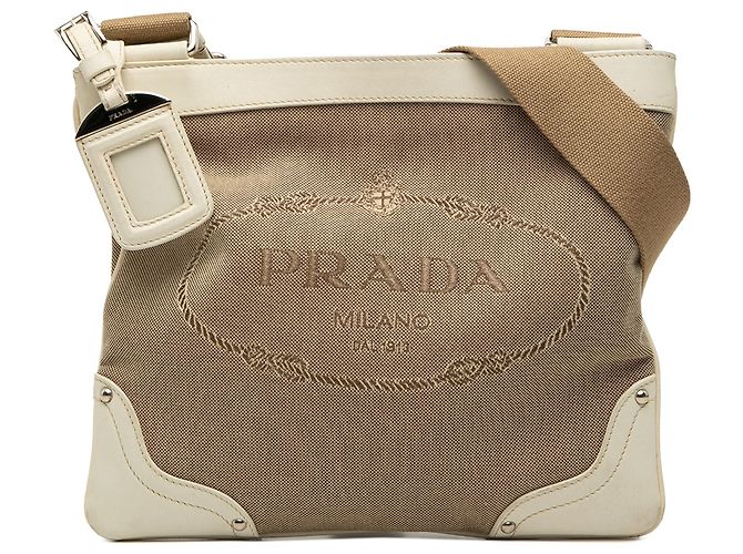 Bolsa Tiracolo Prada Beige Canvas Canapa Logo Bege