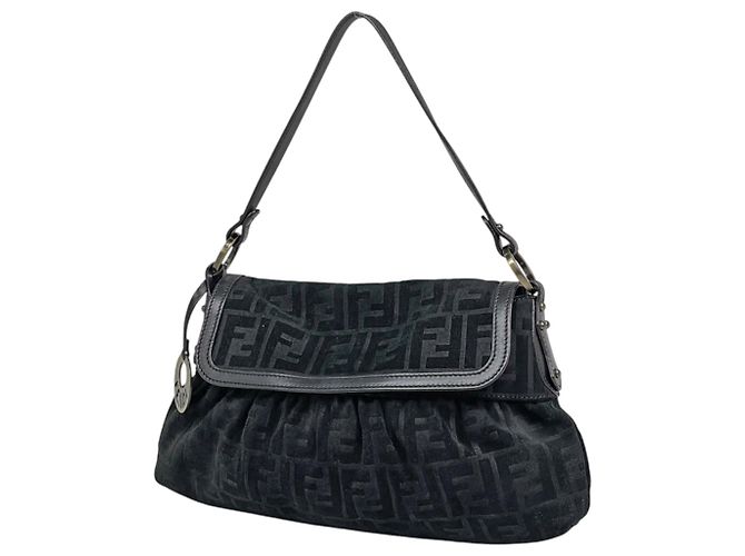 Fendi Zucca Pattern Suede Shoulder Bag Black
