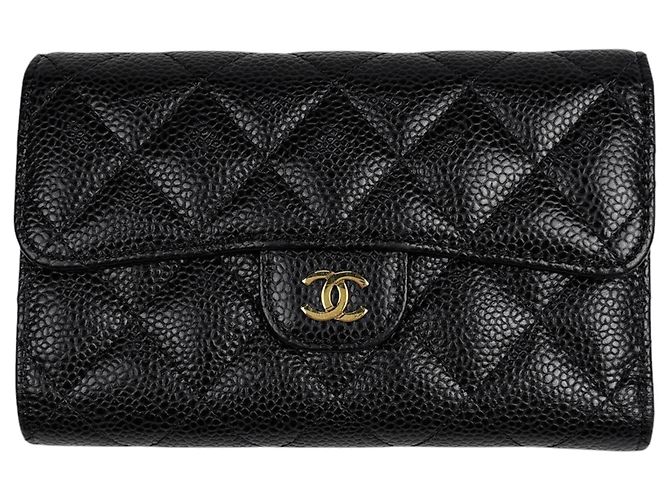 Cartera tri-fold Chanel en piel de becerro granulada negra Negro