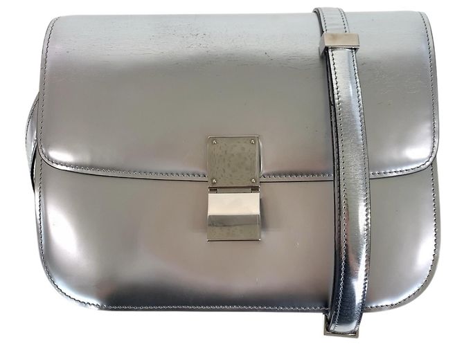 Céline Bolsa de Ombro Celine Classic Box Medium em Couro Prateado Prata