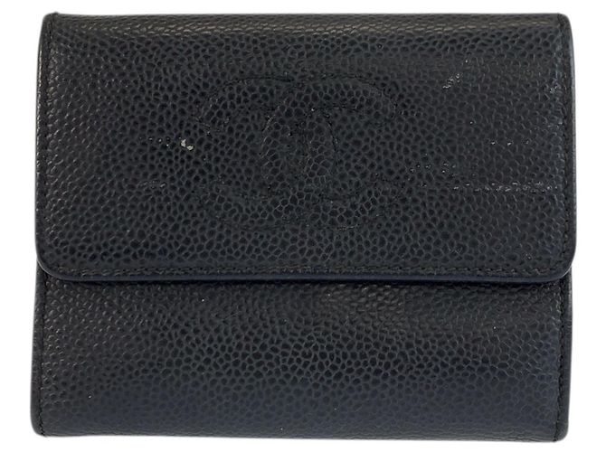 Chanel Coco Mark Black Leather Folding Wallet