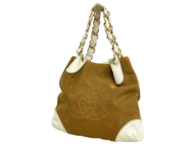 Borsa Tote Chanel in tela beige e bianca Bianco
