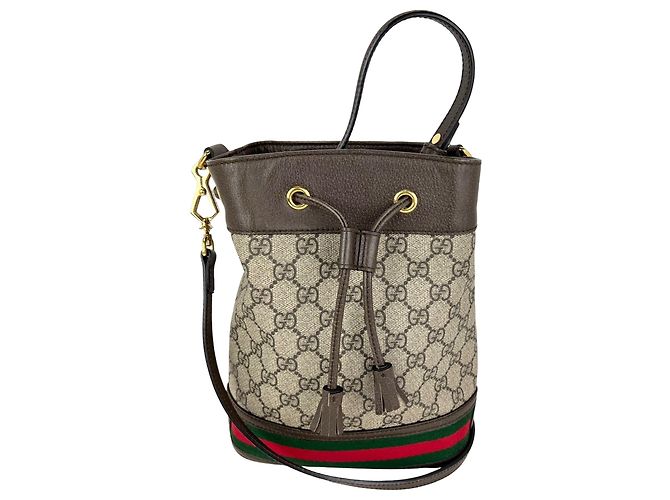 Borsa secchiello piccola Gucci GG Supreme Ophidia Web marrone