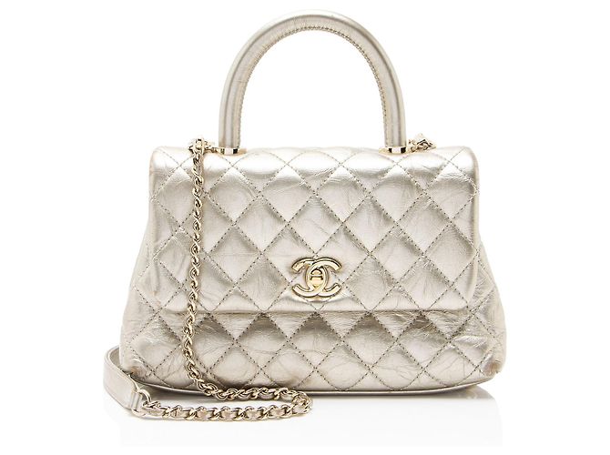 Gabrielle Sac Chanel Coco Top Handle Medium Flap Bag en veau vieilli métallisé Doré