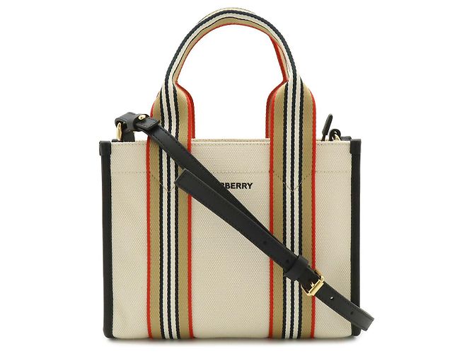 Borsa Tote Burberry Icon Stripe Canvas Marrone Beige